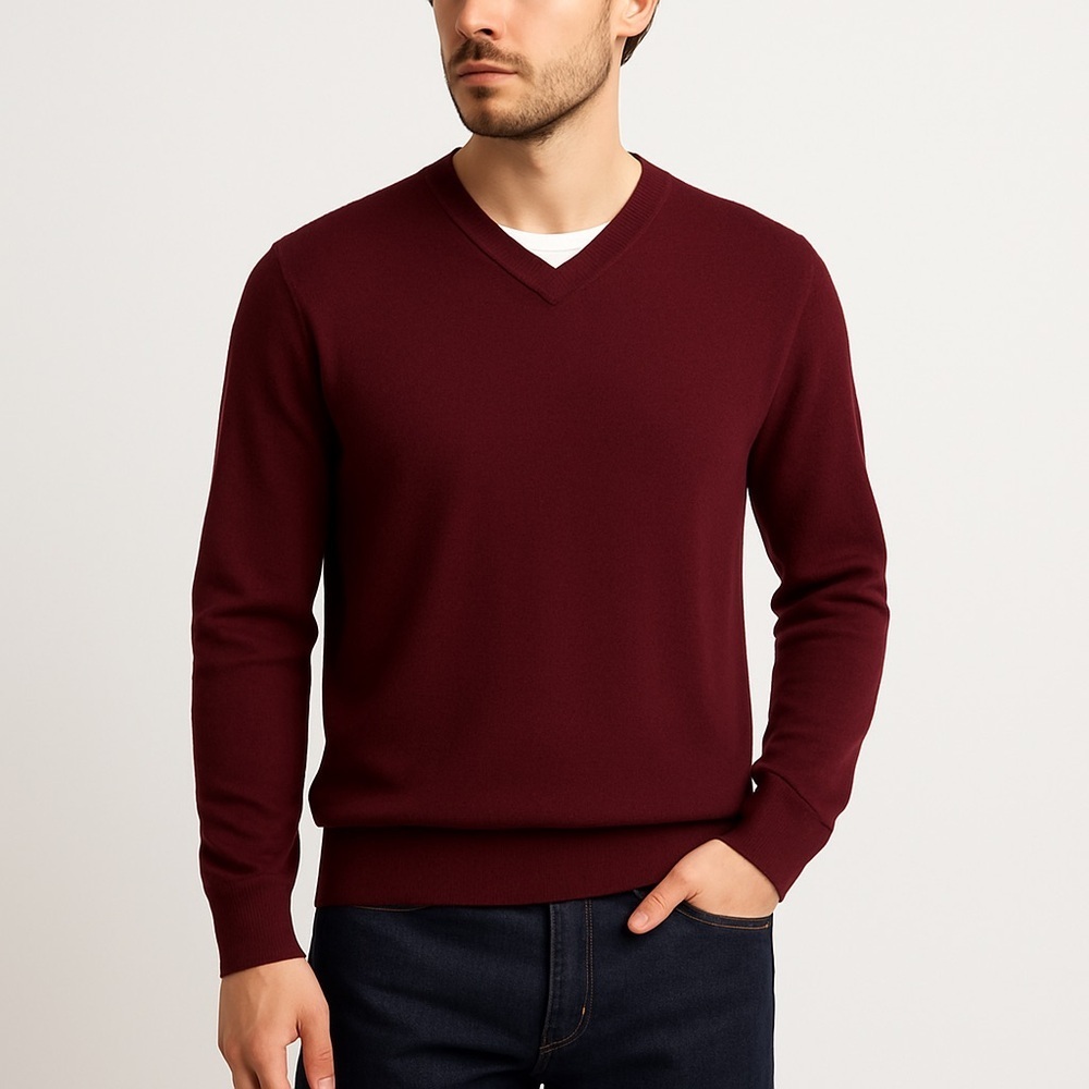 Tahari merino wool V neck Italian lightweight knit sweater L burgundy